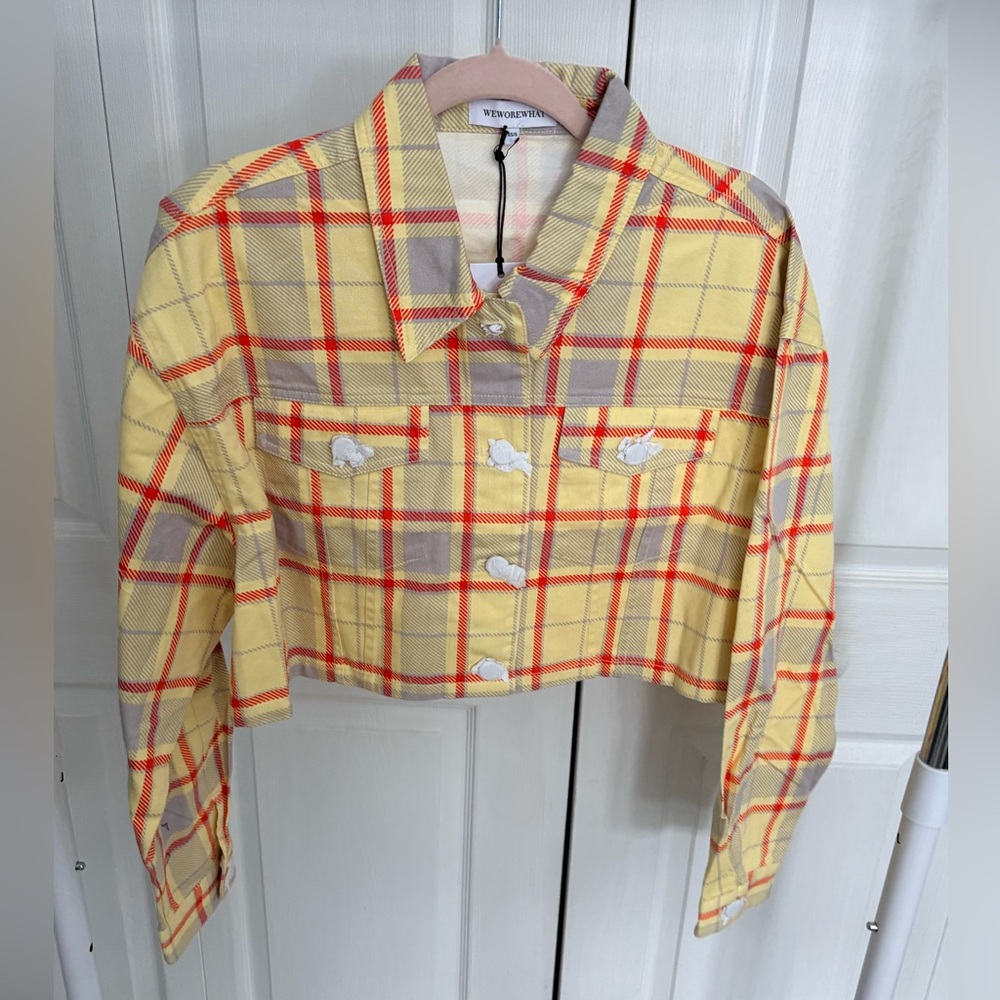 NWT WEWOREWHAT Yellow and Red Plaid Cropped Jacket